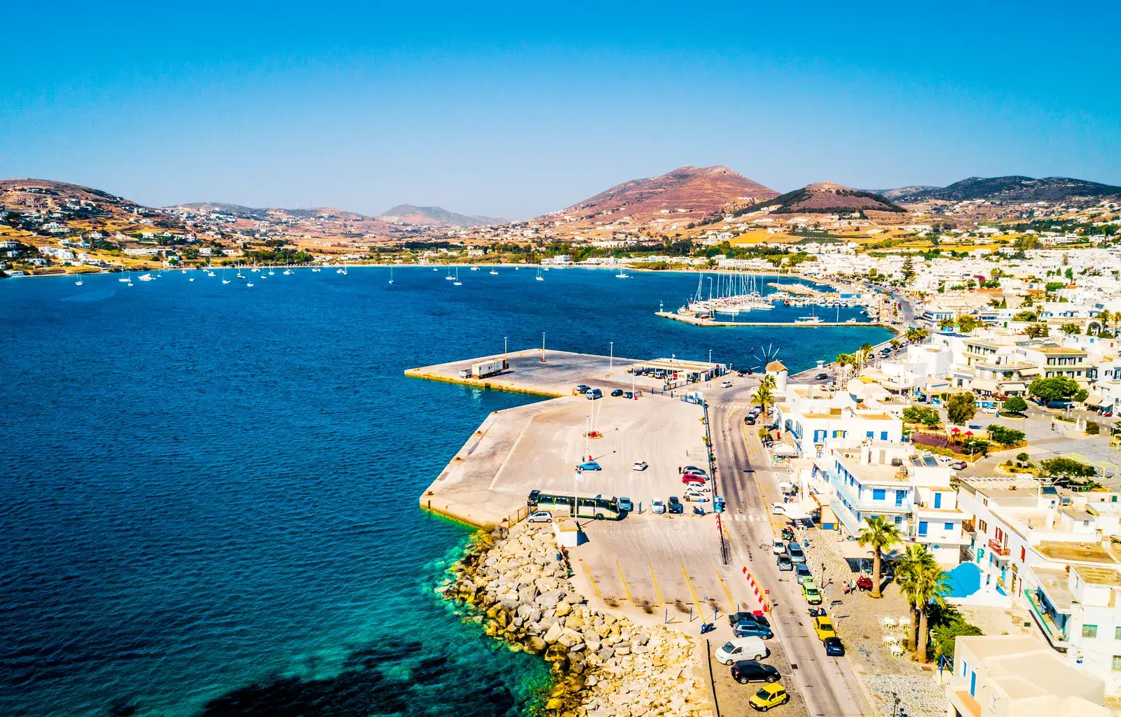 Aerial view of the quay and shoreline on paros isl