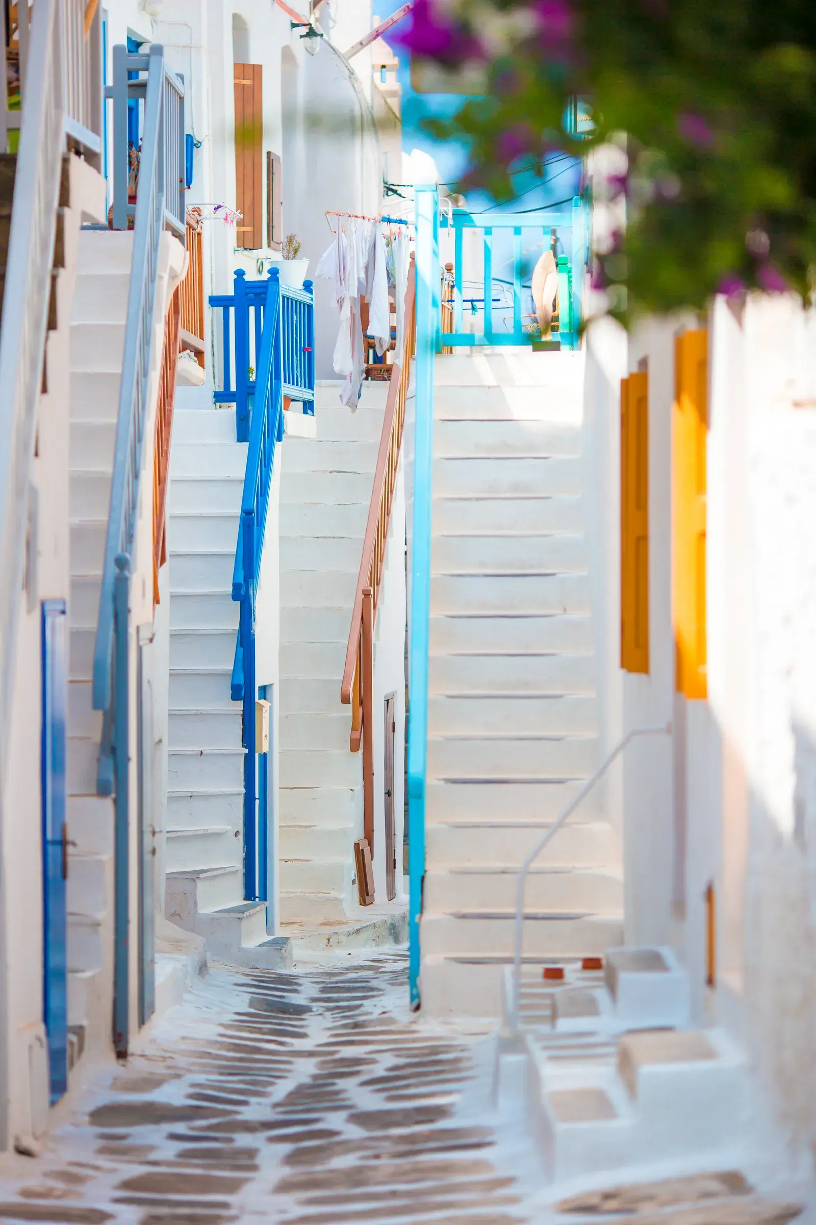 Colorful stairs on old narrow streets of greek isl